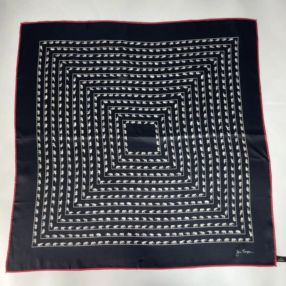 Jim Thompson Silk Scarf Elephant Print Navy Blue Red Border Square Scarf Animal